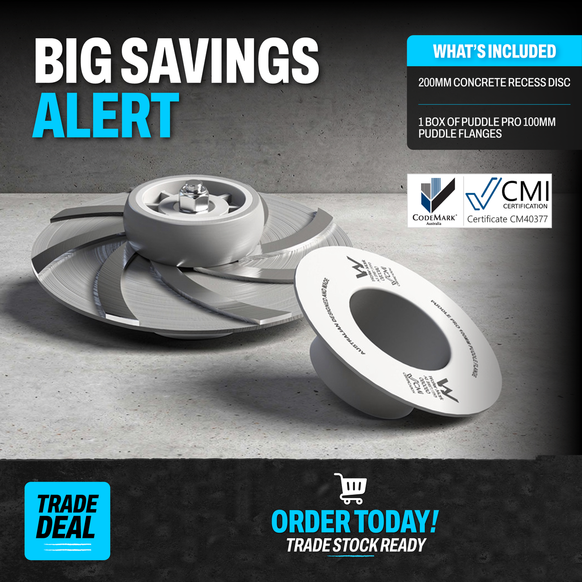 200mm Puddle Flange Recess Kit trade deal including a 200mm concrete recess disc and one box of 100mm Puddle Pro flanges.