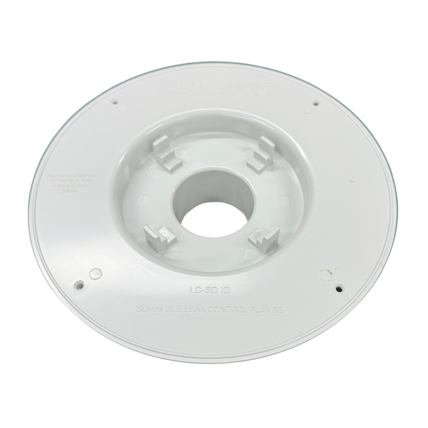 50mm Tile Leak Control Flange in white for waterproofing applications, designed to create a secure watertight seal around floor waste penetrations.
