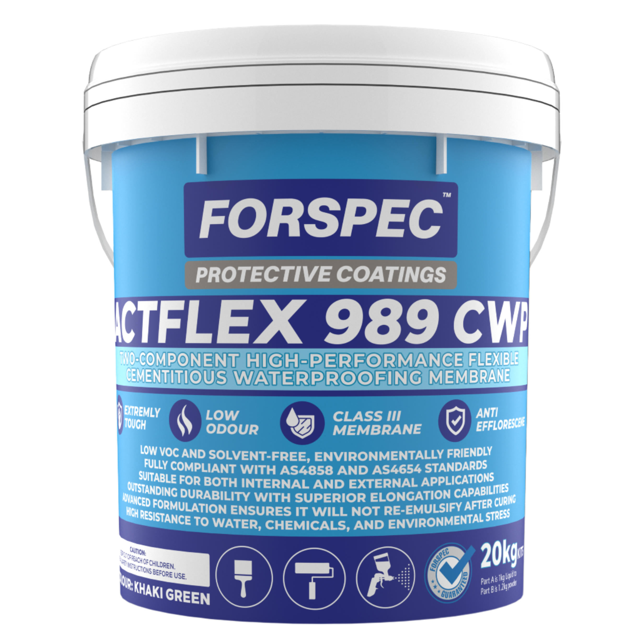 Forspec ACTFLEX 989 CWP 20kg two-component high-performance flexible cementitious waterproofing membrane for internal and external waterproofing applications.