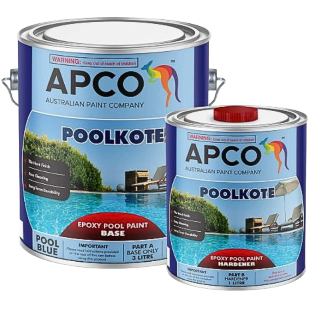 APCO PoolKote 2 Pack Epoxy Pool Paint kit including Part A base and Part B hardener, providing a durable, chemical-resistant finish for concrete swimming pools.