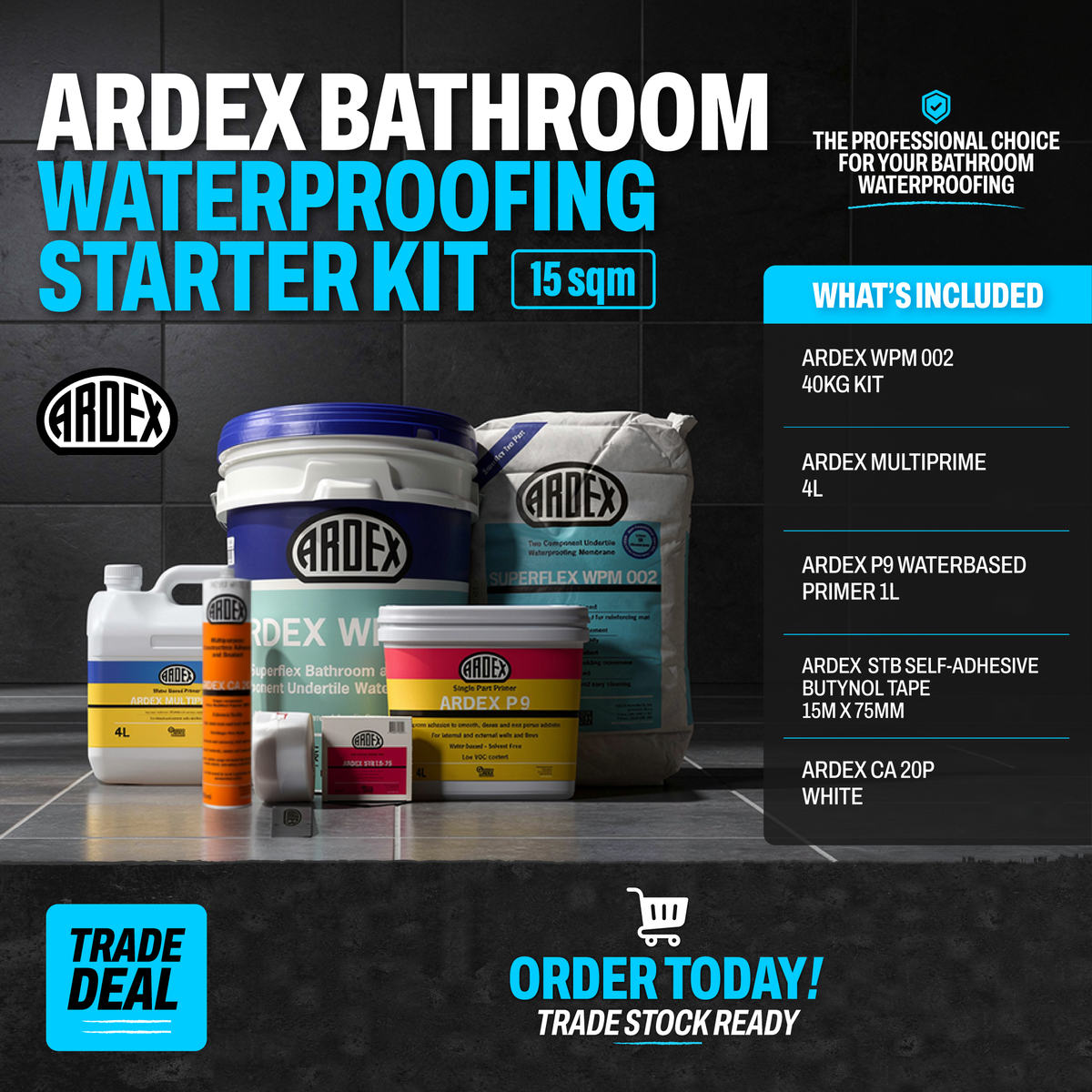 ARDEX Bathroom Waterproofing Starter Kit 15sqm promotional image showing the complete waterproofing kit and included products.