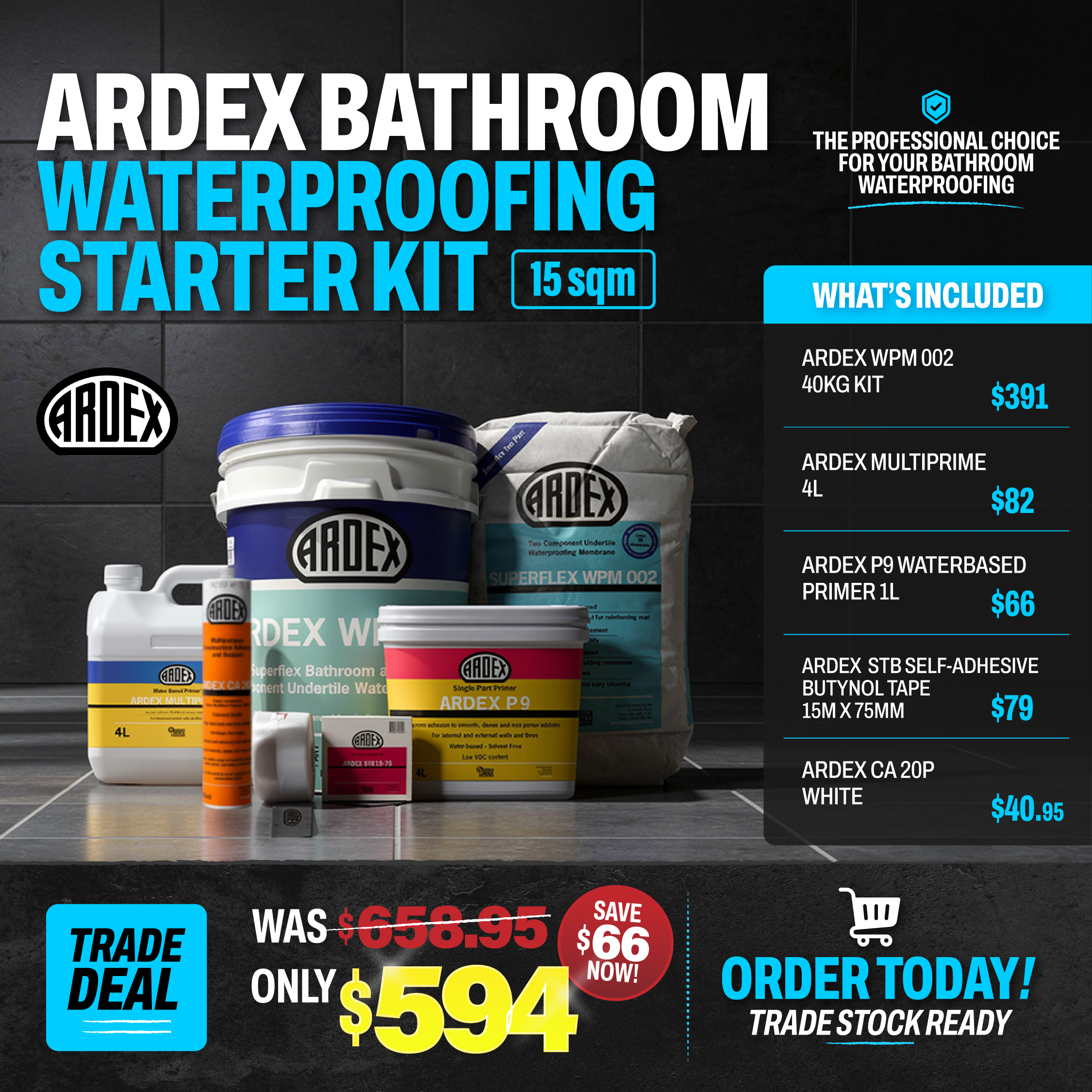 ARDEX Bathroom Waterproofing Starter Kit 15sqm promotional image showing the complete waterproofing kit and included products.