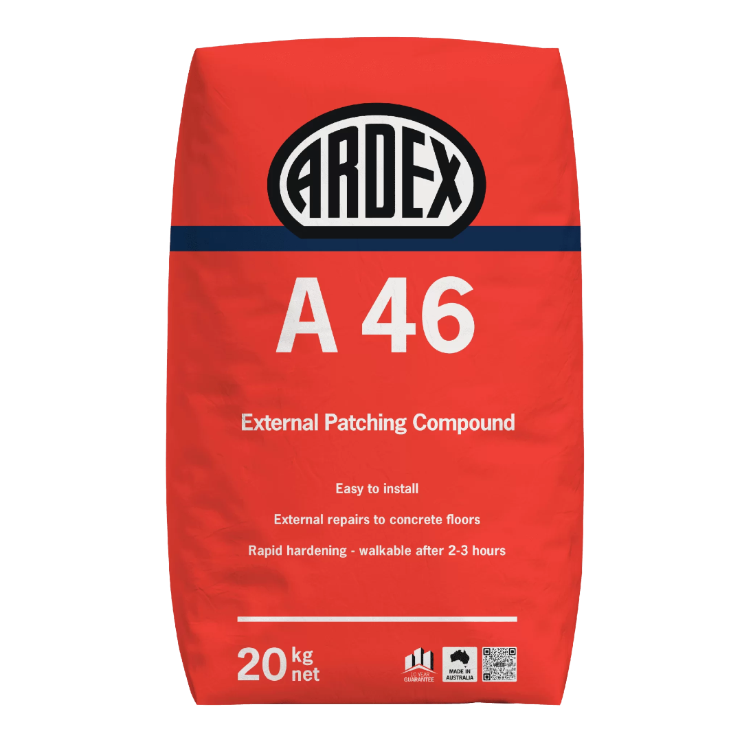 Ardex A46 External Patching Compound 20kg for rapid external concrete floor repairs, patching, and levelling with fast hardening performance.