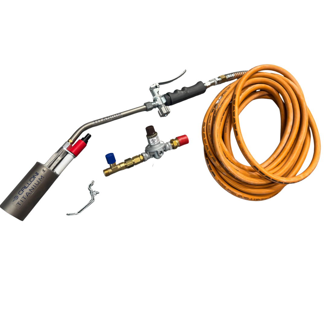 Calloni Profy Plus Titanium gas torch kit with 50mm burner head, hose and regulator for professional roofing, waterproofing, membrane installation, heating and general trade applications.