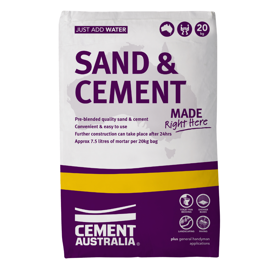 Cement Australia Sand & Cement 20kg pre-blended mortar mix for bricklaying, paving, landscaping, shower bases, toilet pan bedding, and general construction applications.