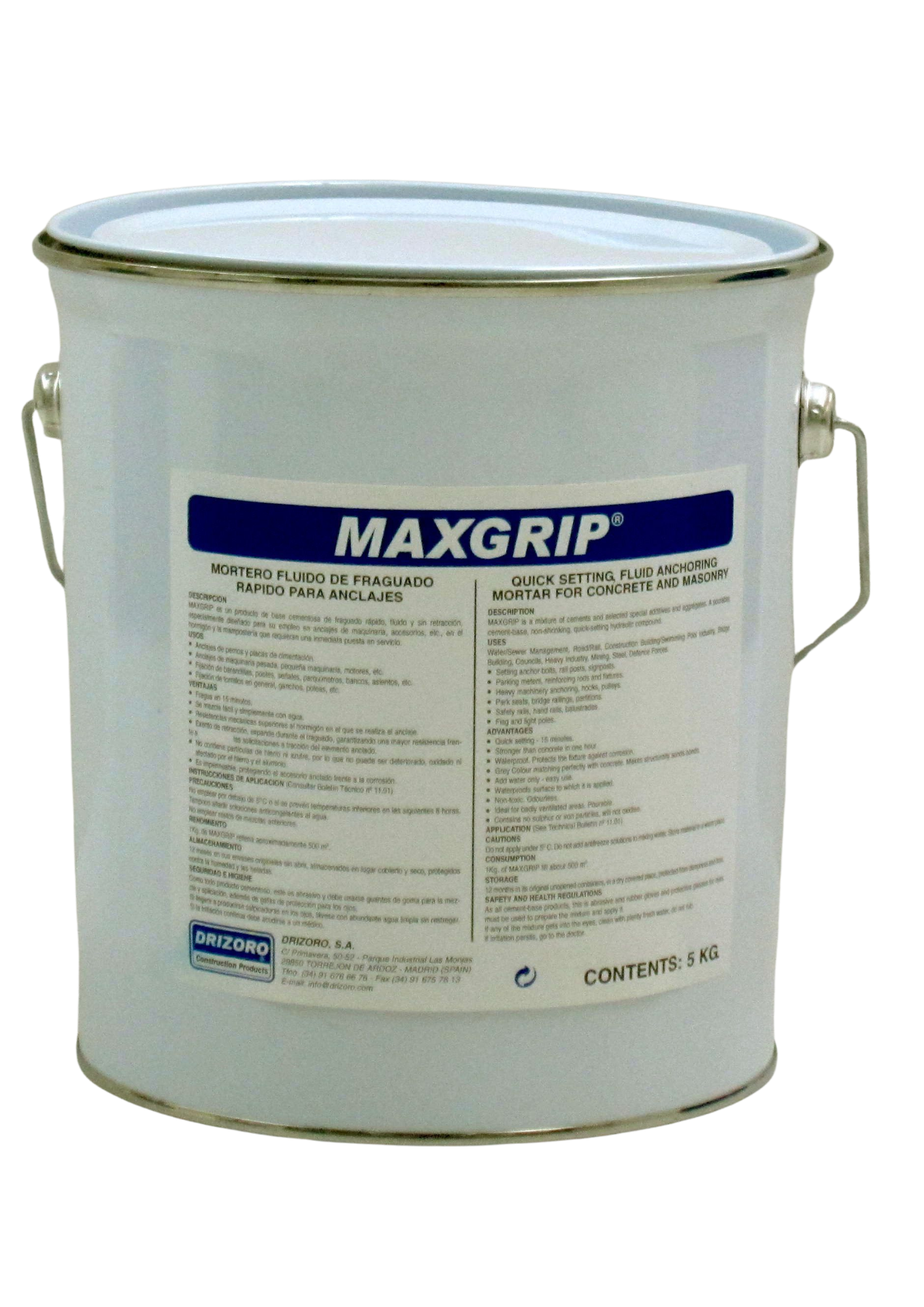 Drizoro Maxgrip 5kg fast-setting anchoring grout for securing bolts, anchors, machinery, and structural elements in concrete and masonry applications.