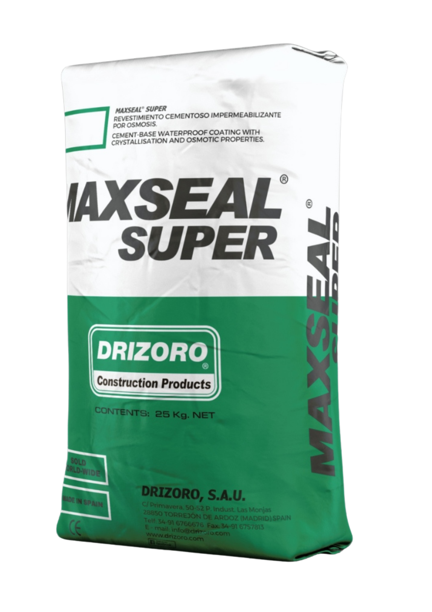 Drizoro Maxseal Super 25kg cement-based waterproof coating for protecting concrete and masonry structures against water penetration in below and above ground applications.