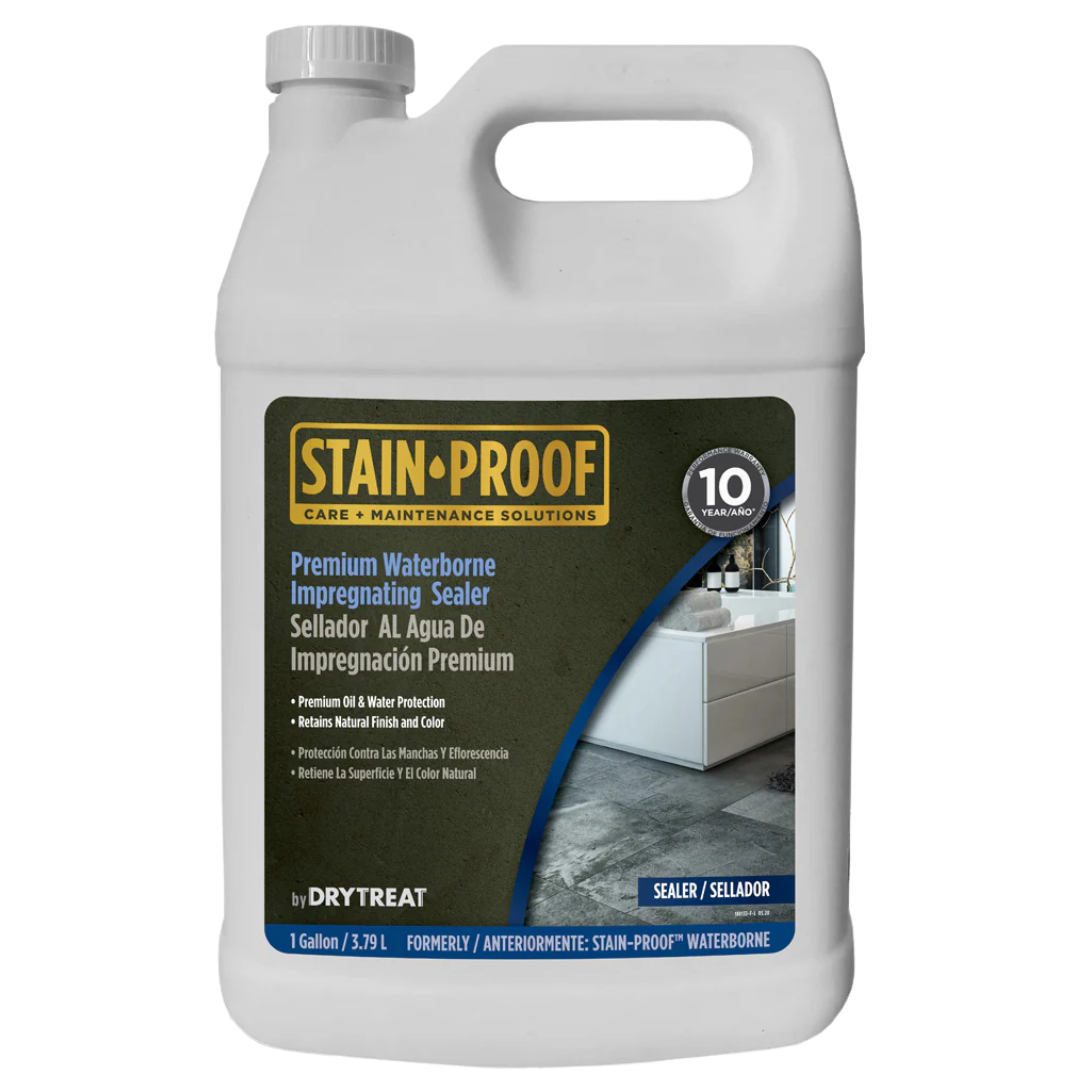 DryTreat Stain-Proof Premium Waterborne Impregnating Sealer 3.79L penetrating water-based sealer for natural stone, concrete, pavers, grout, and masonry, providing long-lasting stain and water protection while preserving the natural appearance
