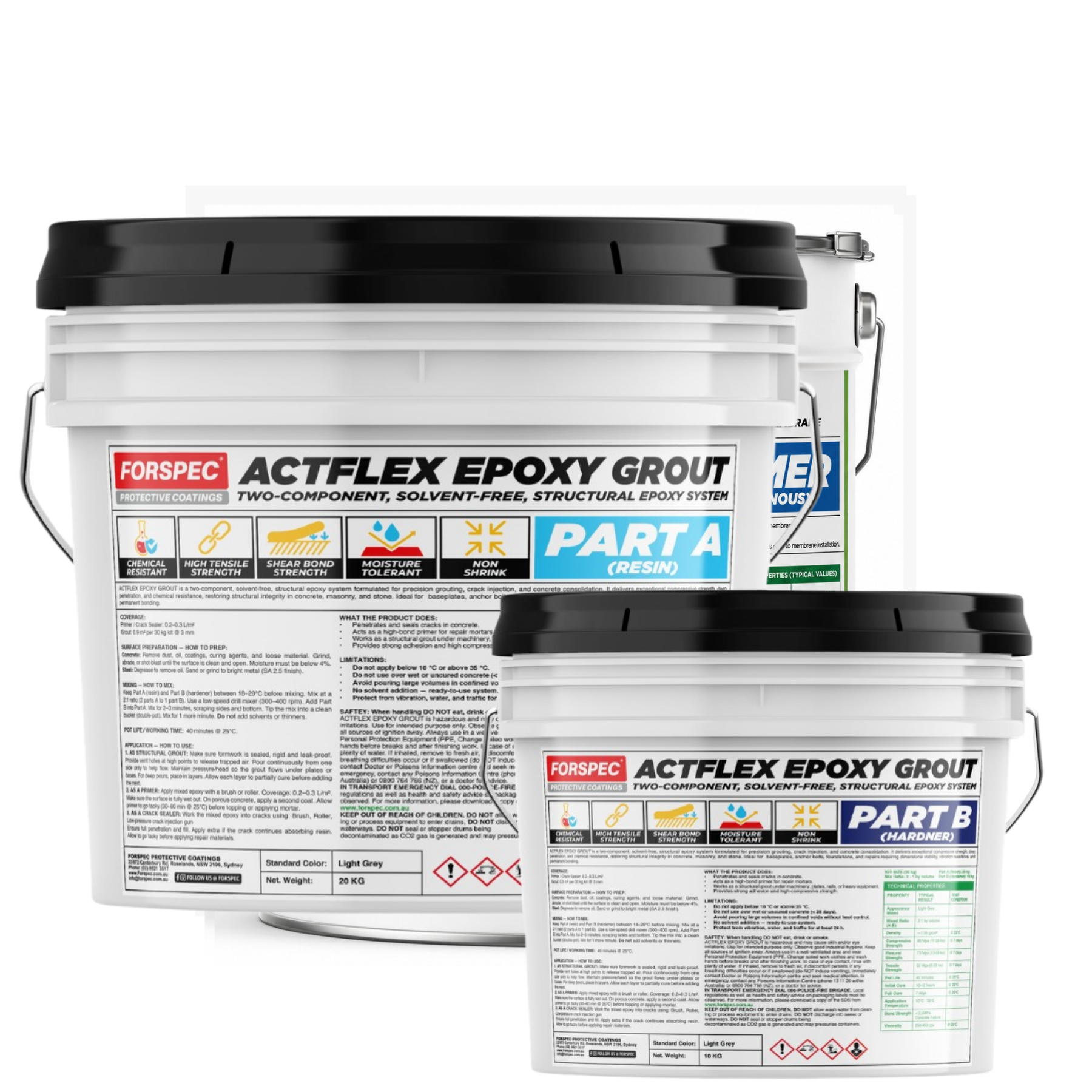 FORSPEC ACTFLEX Epoxy Grout two-component solvent-free structural epoxy grout system with Part A resin and Part B hardener.
