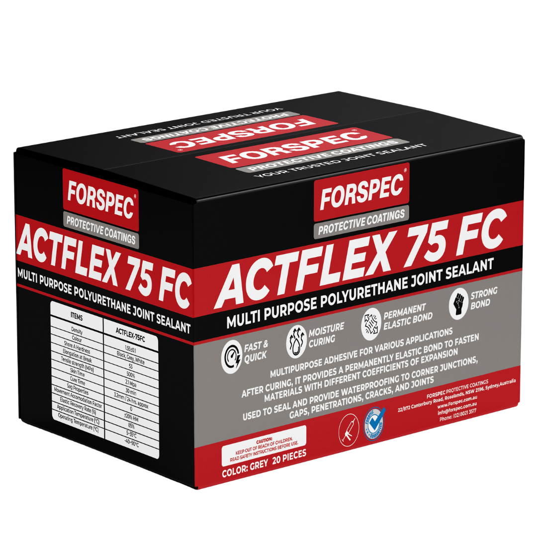 Forspec ACTFLEX 75 FC Grey polyurethane joint sealant box containing 20 x 600ml sausages for sealing expansion joints, movement joints, concrete, masonry, metal, and construction applications.
