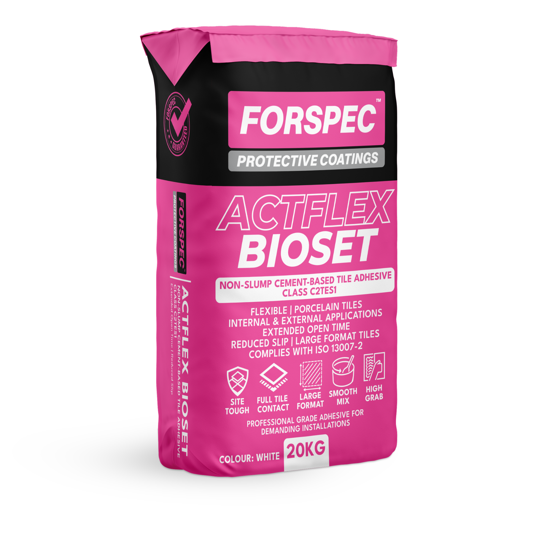 FORSPEC ACTFLEX BIOSET 20kg white flexible cement-based tile adhesive for porcelain tiles, internal and external applications, Class C2TES1.