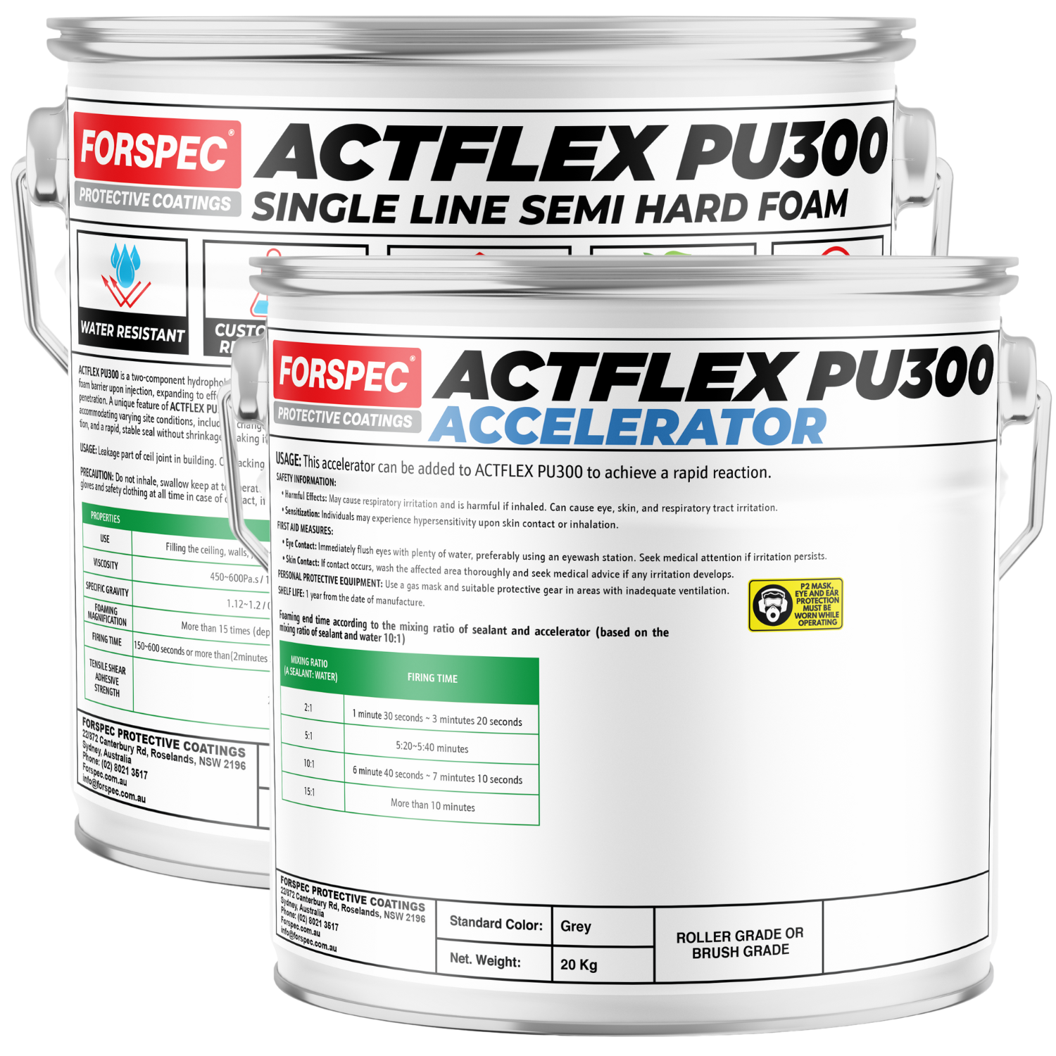 Forspec ACTFLEX PU300 22kg kit comprising PU300 single-line semi-hard polyurethane foam and PU300 Accelerator for fast-reacting crack injection and leak sealing applications.