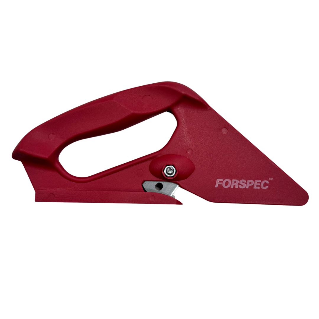 FORSPEC safety sheet cutter with concealed replaceable blade for cutting PVC membranes, TPO membranes, vinyl flooring, roofing underlays, geotextiles, carpet and other sheet materials safely and accurately.