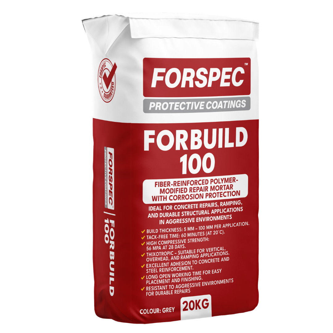 Forspec FORBUILD 100 High-Performance Repair Mortar 20kg, a fibre-reinforced polymer-modified repair mortar with corrosion protection for concrete repairs, structural patching, ramping and vertical or overhead applications.