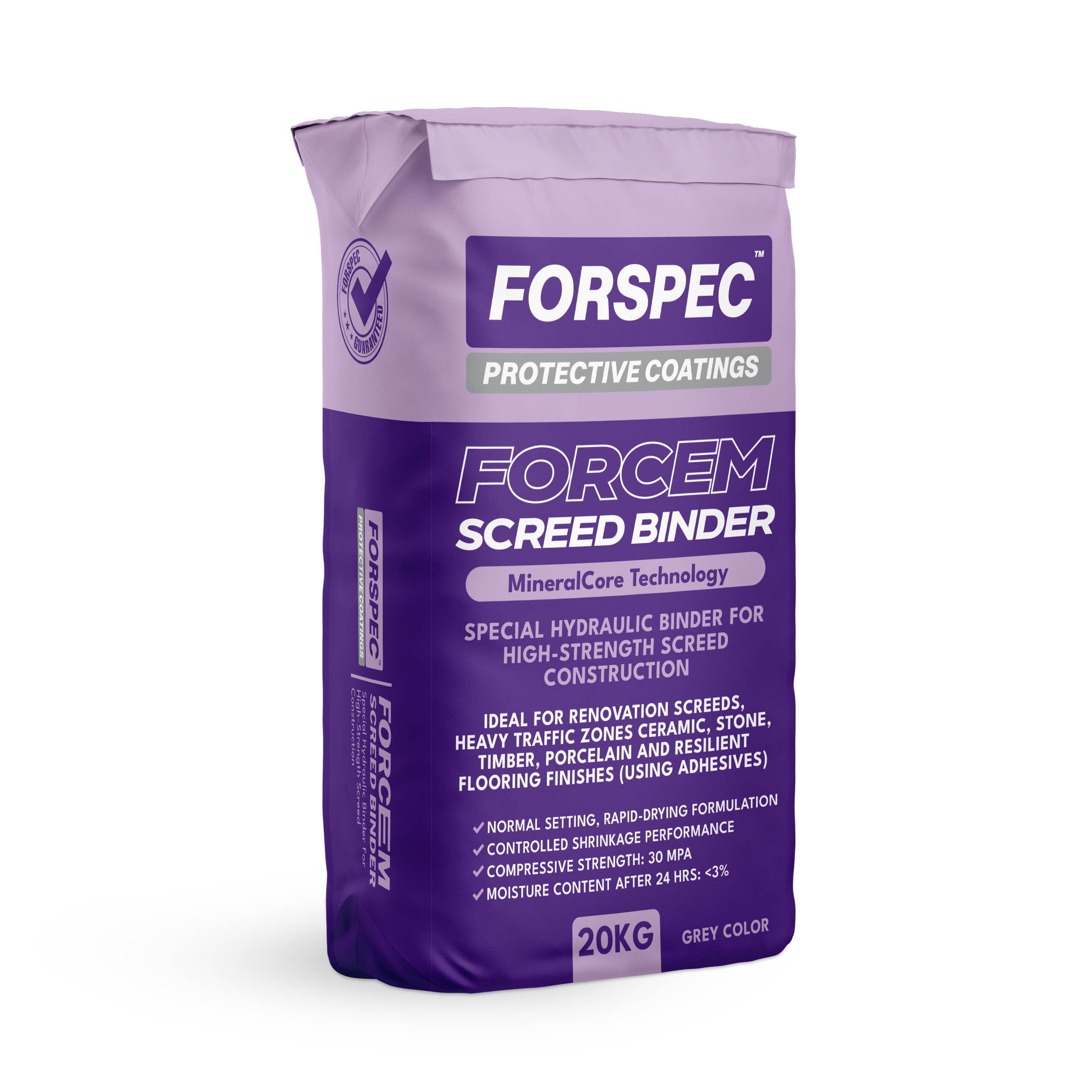 Forspec Forcem Screed Binder 20kg hydraulic engineered cement binder for high-strength screed construction, suitable for renovation screeds, ceramic, stone, timber, porcelain and resilient flooring applications.
