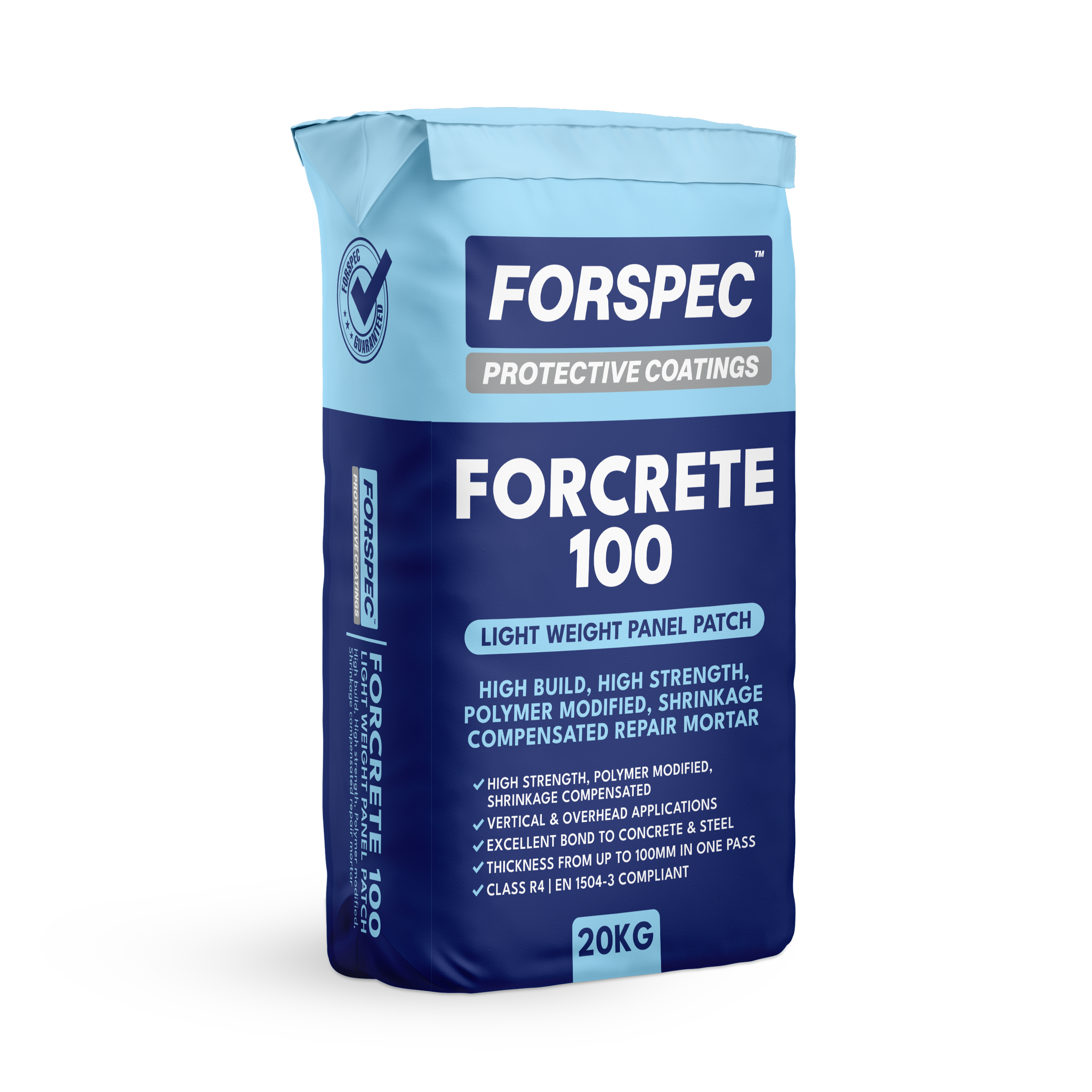 Forspec Forcrete 100 Light Weight Panel Patch 20kg high-build polymer modified repair mortar for vertical and overhead concrete repairs, offering high strength, shrinkage compensation and excellent adhesion to concrete and steel.