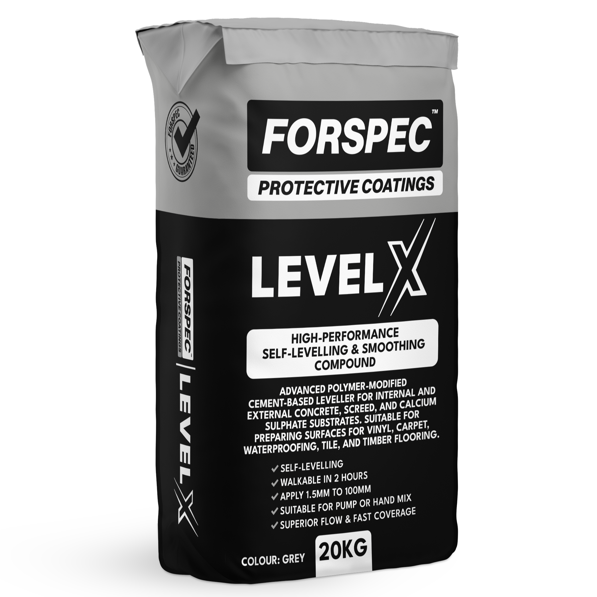 Forspec Level X High-Performance Self-Levelling & Smoothing Compound 20kg for levelling concrete, screeds and calcium sulphate substrates before installing vinyl, carpet, tiles, waterproofing and timber flooring.