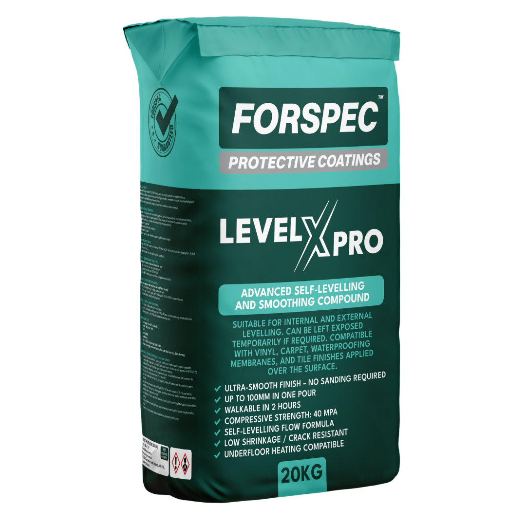 Forspec Level X Pro Advanced Self-Levelling & Smoothing Compound 20kg for internal and external floor levelling, suitable for concrete substrates before installing vinyl, carpet, tiles, waterproofing membranes and timber flooring.