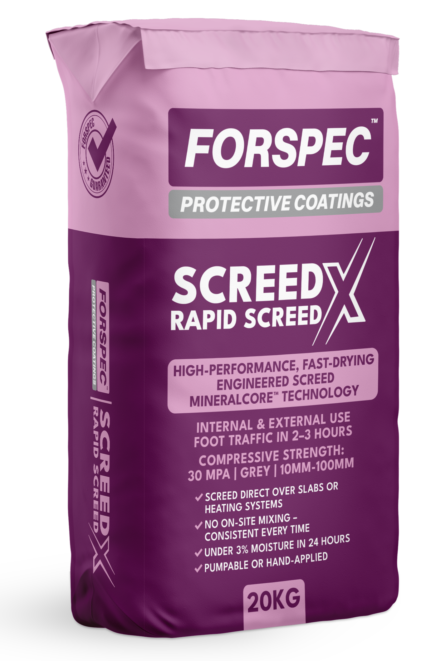Forspec Screed X Engineered Screed 20kg high-performance rapid drying cement screed for internal and external applications, suitable for 10mm to 100mm thickness, pumpable or hand applied.