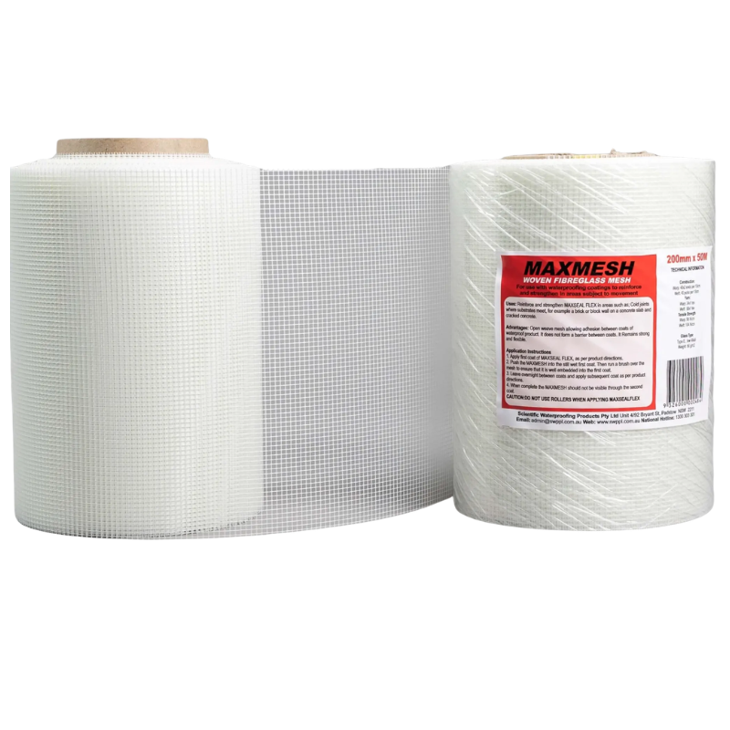 MAXMESH woven fibreglass mesh roll 200mm x 50m for reinforcing waterproofing membranes, crack repairs, and cementitious coating applications.