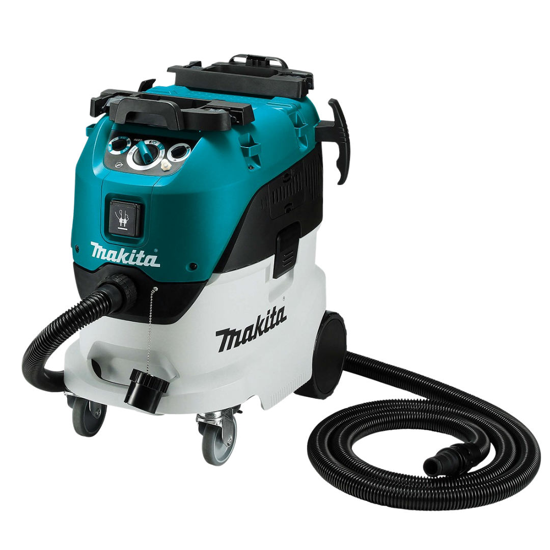 Makita VC4210L 1200W industrial wet and dry vacuum cleaner with automatic filter cleaning, dust extraction hose, and 42L capacity for construction and workshop applications.