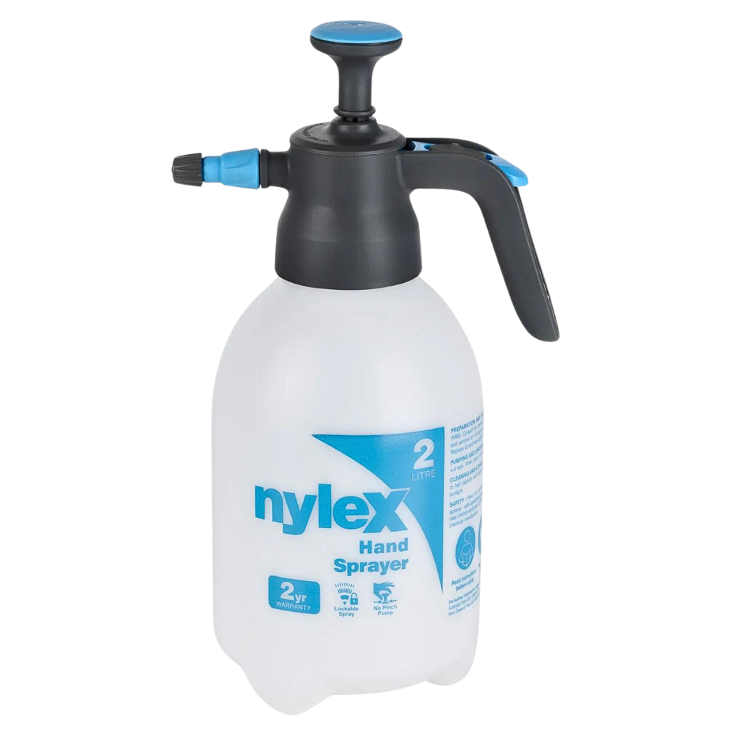 Nylex 2L hand sprayer with adjustable nozzle and pump-action pressure system for applying water, cleaners, sealers, and garden or construction chemicals.