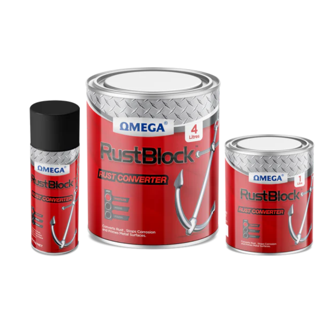 Omega RustBlock Rust Converter for converting rust, preventing corrosion, and priming metal surfaces before painting or protective coatings.