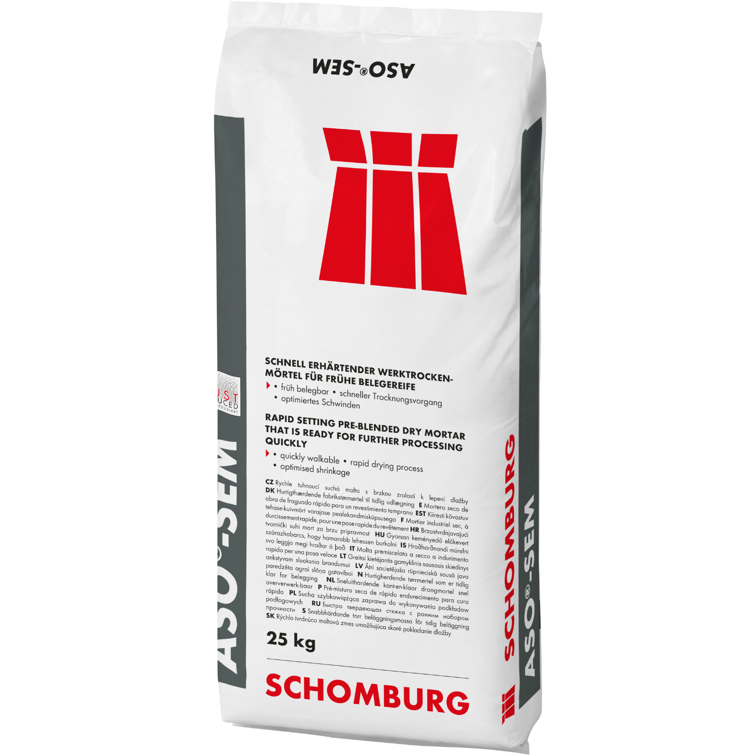 Schomburg ASO-SEM 25kg rapid-setting engineered screed for fast-drying floor levelling, screeding, and substrate preparation before floor coverings.