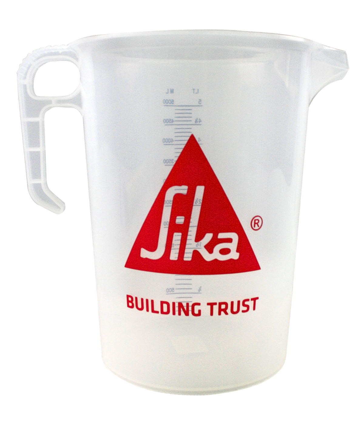 Sika 5L measuring jug with graduated markings and ergonomic handle for accurately measuring and mixing waterproofing products, resins, coatings, and construction chemicals.