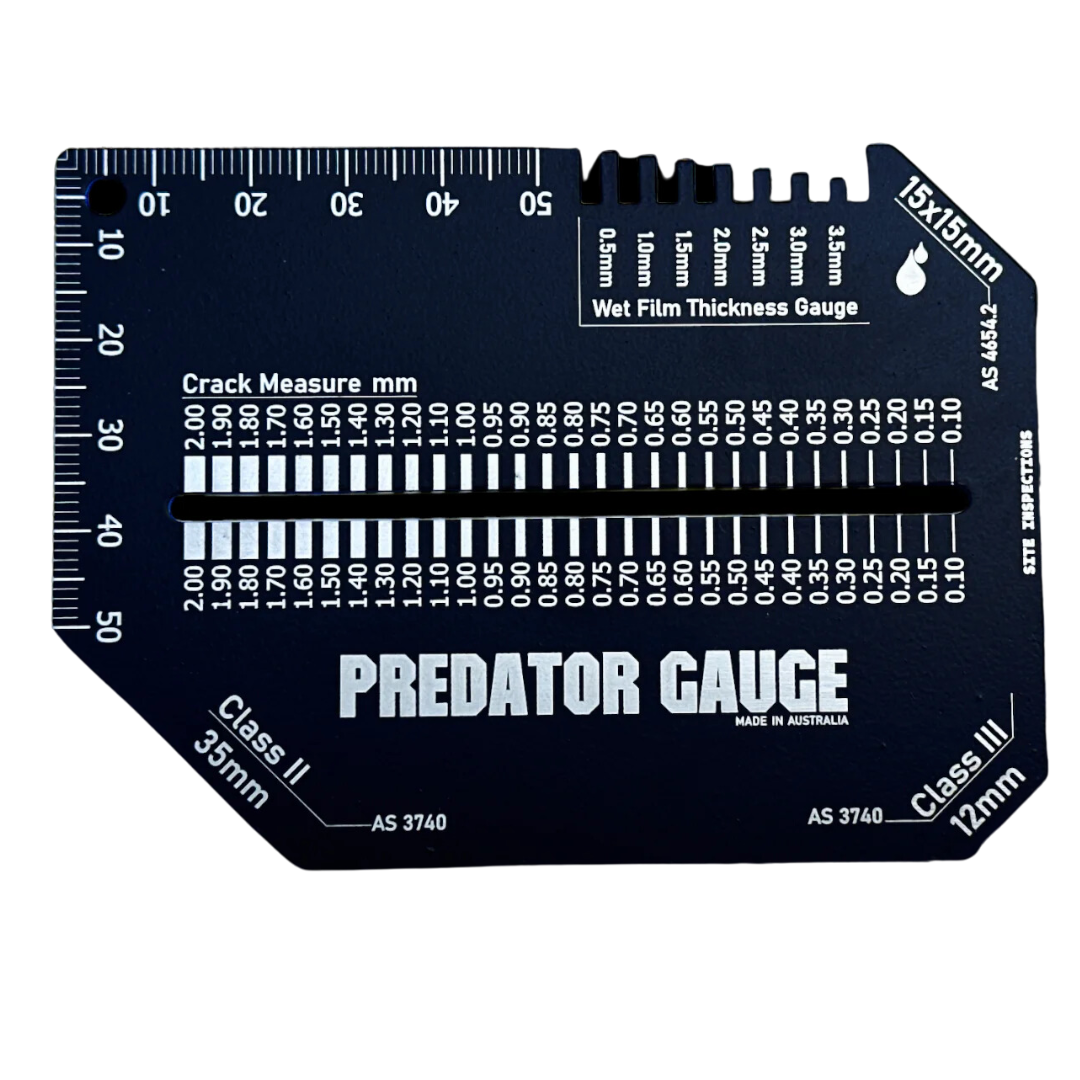 Site Inspector Predator Gauge 5 in 1 multi-tool designed for waterproofing, construction, and building inspections. Features crack width gauges, wet film thickness gauge, measurement scales, and multiple compliance inspection tools in one durable, compact device.
