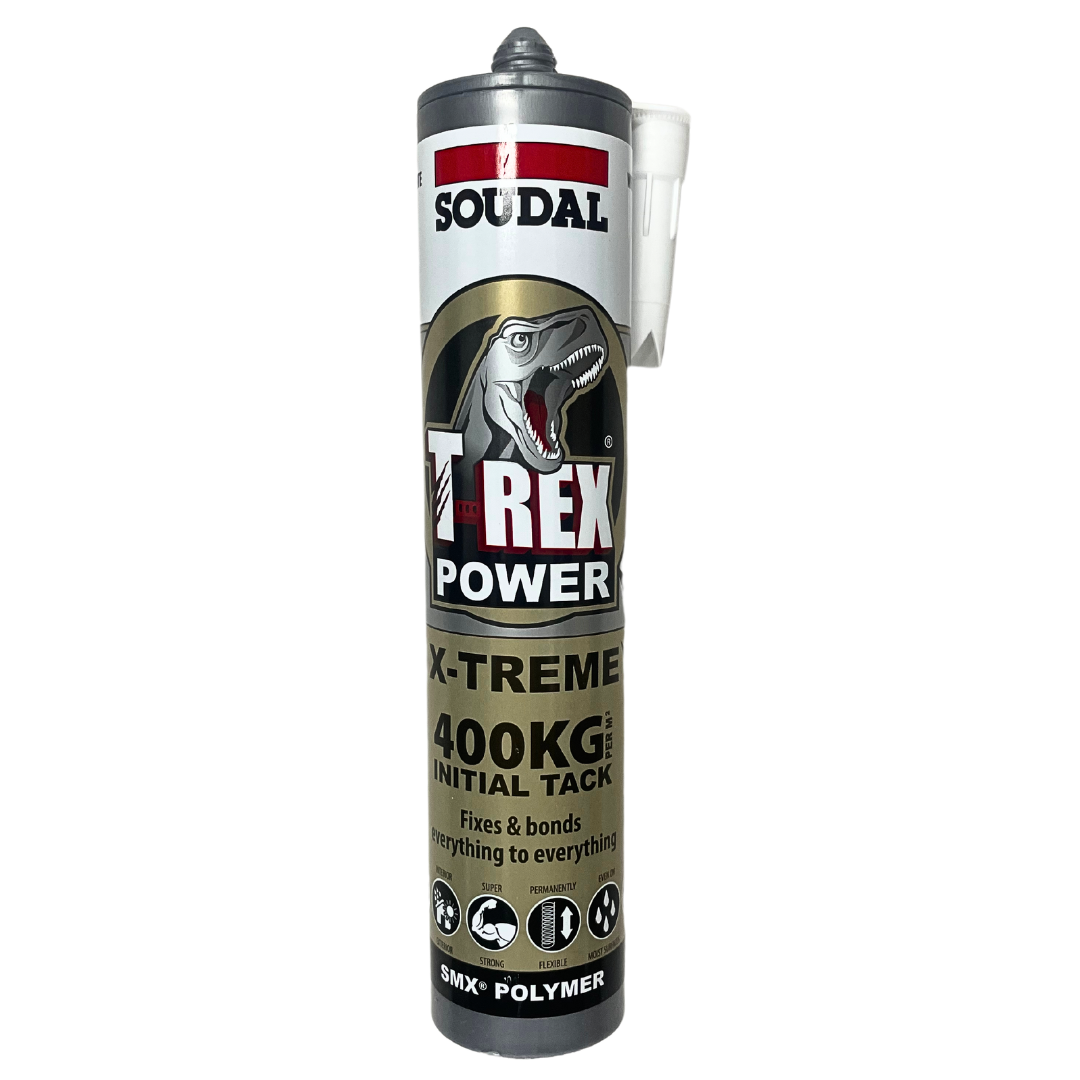 Soudal T-Rex Power X-Treme SMX polymer adhesive with 400kg initial tack for high-strength bonding of construction materials, suitable for interior and exterior applications.