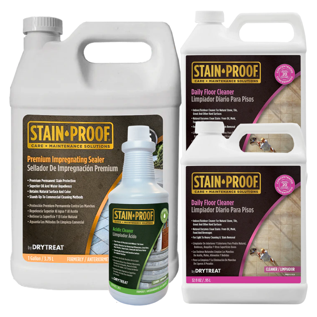 Stain-Proof Power Pack with premium impregnating sealer, daily floor cleaner concentrate, and acidic cleaner for sealing, cleaning, and maintaining natural stone, concrete, pavers, and tiled surfaces.