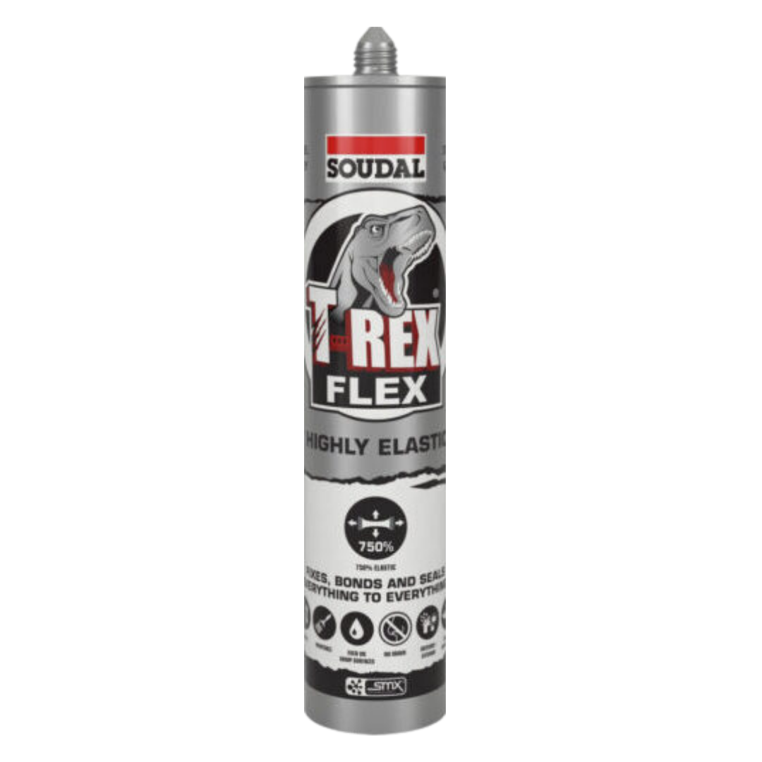 Soudal T-Rex Flex high-strength elastic construction adhesive and sealant for bonding concrete, timber, metal, stone, glass, plastics and other building materials with permanent flexibility.