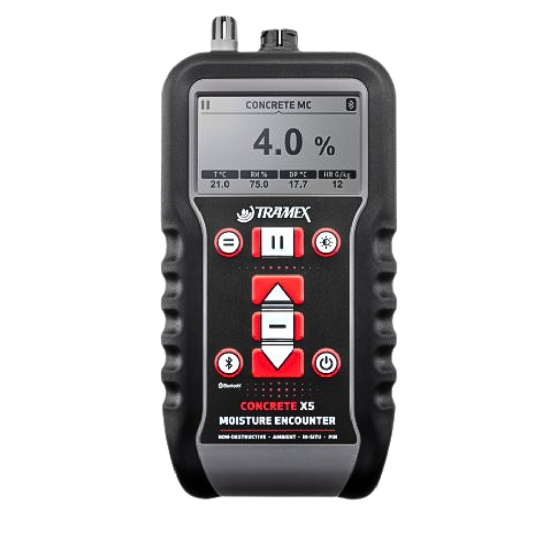 Tramex CMEX5 Concrete Multi Moisture Meter for non-destructive moisture testing of concrete floors, screeds, and building materials with digital moisture readings.