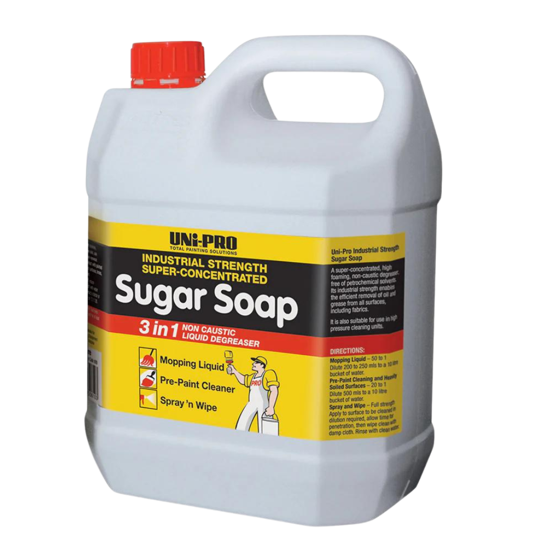 Uni-Pro 3 in 1 Sugar Soap 4L industrial strength cleaner for pre-paint surface preparation, degreasing, and general cleaning