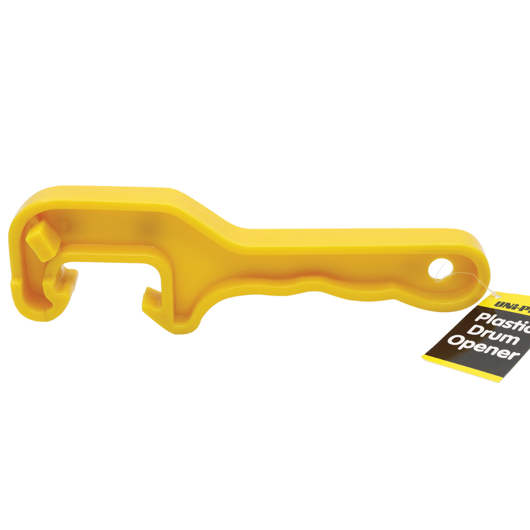 Uni-Pro plastic drum opener for safely opening and closing plastic drum lids used for paints, coatings, waterproofing products, and construction chemicals.