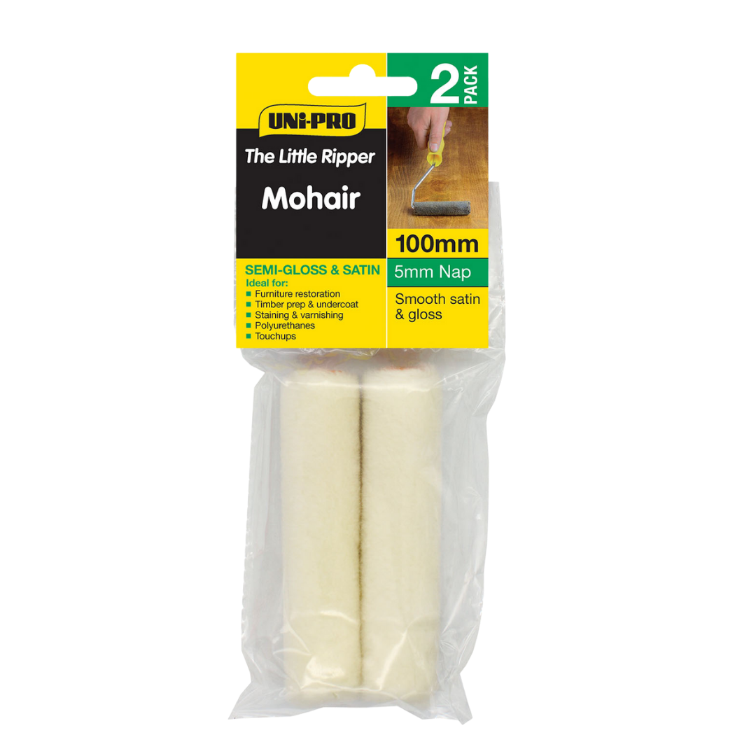 UNI PRO 100mm Mohair Mini Roller Covers 2 Pack with 5mm nap for smooth satin and gloss finishes, ideal for varnishes, polyurethanes, enamels, undercoats and furniture restoration.