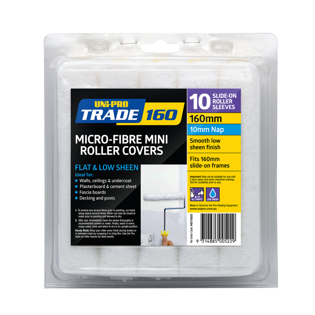 UNI PRO 160mm Microfibre Mini Roller Covers 10 Pack with 10mm nap for smooth low sheen finishes on walls, ceilings, plasterboard, cement sheet, fascia boards and decking, suitable for 160mm slide-on mini roller frames.