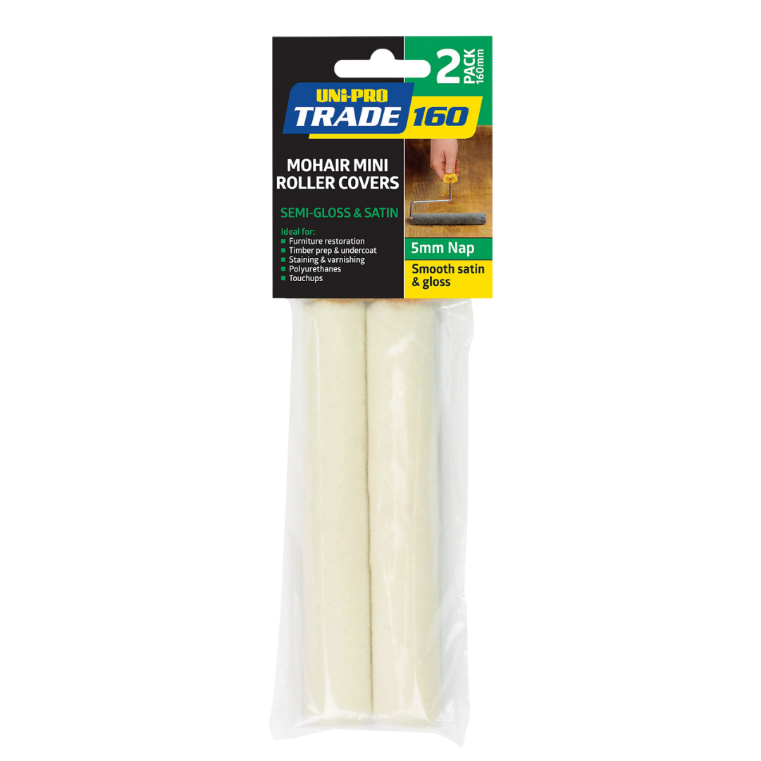 UNI PRO 160mm Mohair Mini Roller Covers 2 Pack with 5mm nap for smooth satin and gloss finishes, ideal for varnishes, polyurethanes, enamels, undercoats and furniture restoration.
