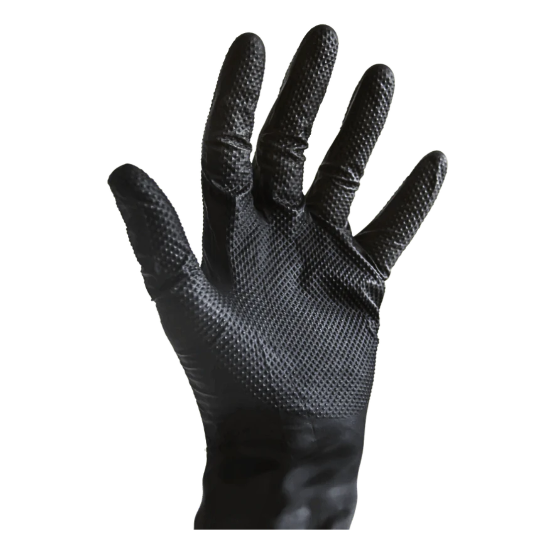 A single black nitrile glove with textured grip