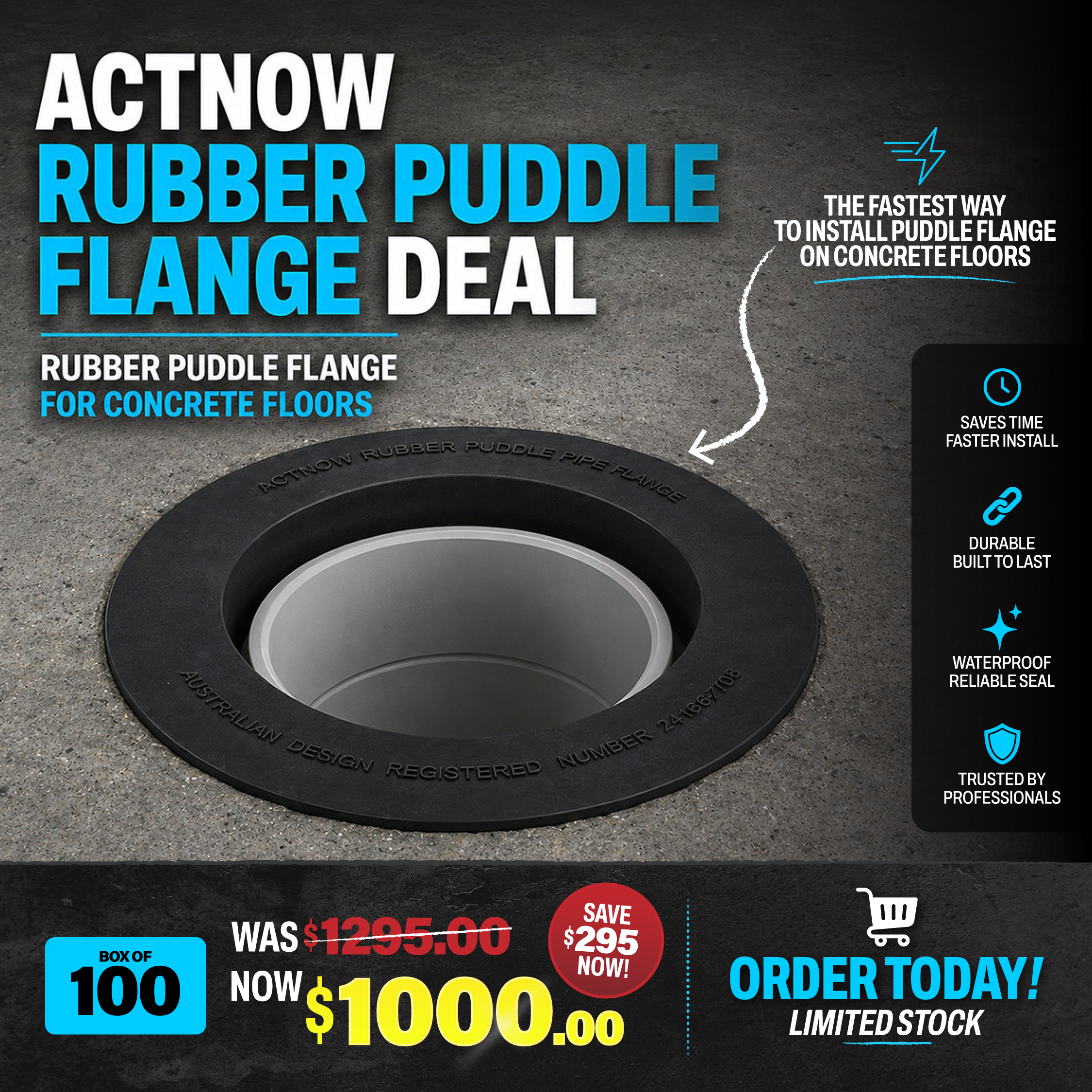 Actnow Rubber 100mm Puddle Flange Deal for Concrete Floors - Box of 100, was $1295 now $1000, save $295