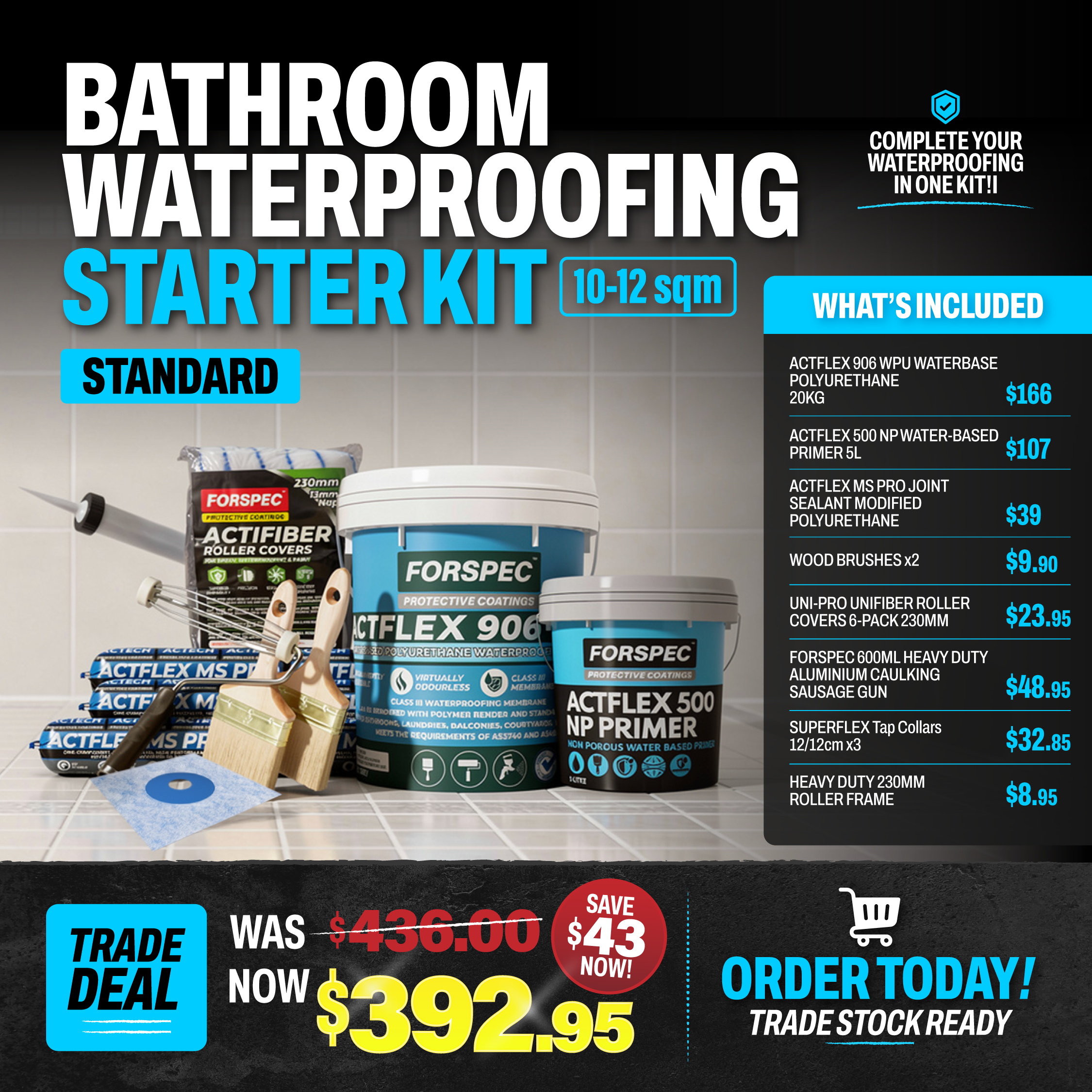 Forspec Bathroom Waterproofing Starter Kit Standard 10-12sqm - Trade Deal Was $436 Now $392.95