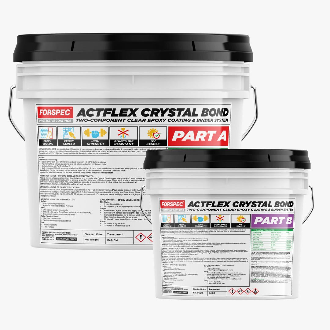 FORSPEC ACTFLEX Crystal Bond two-component clear epoxy coating and binder system with Part A and Part B containers.