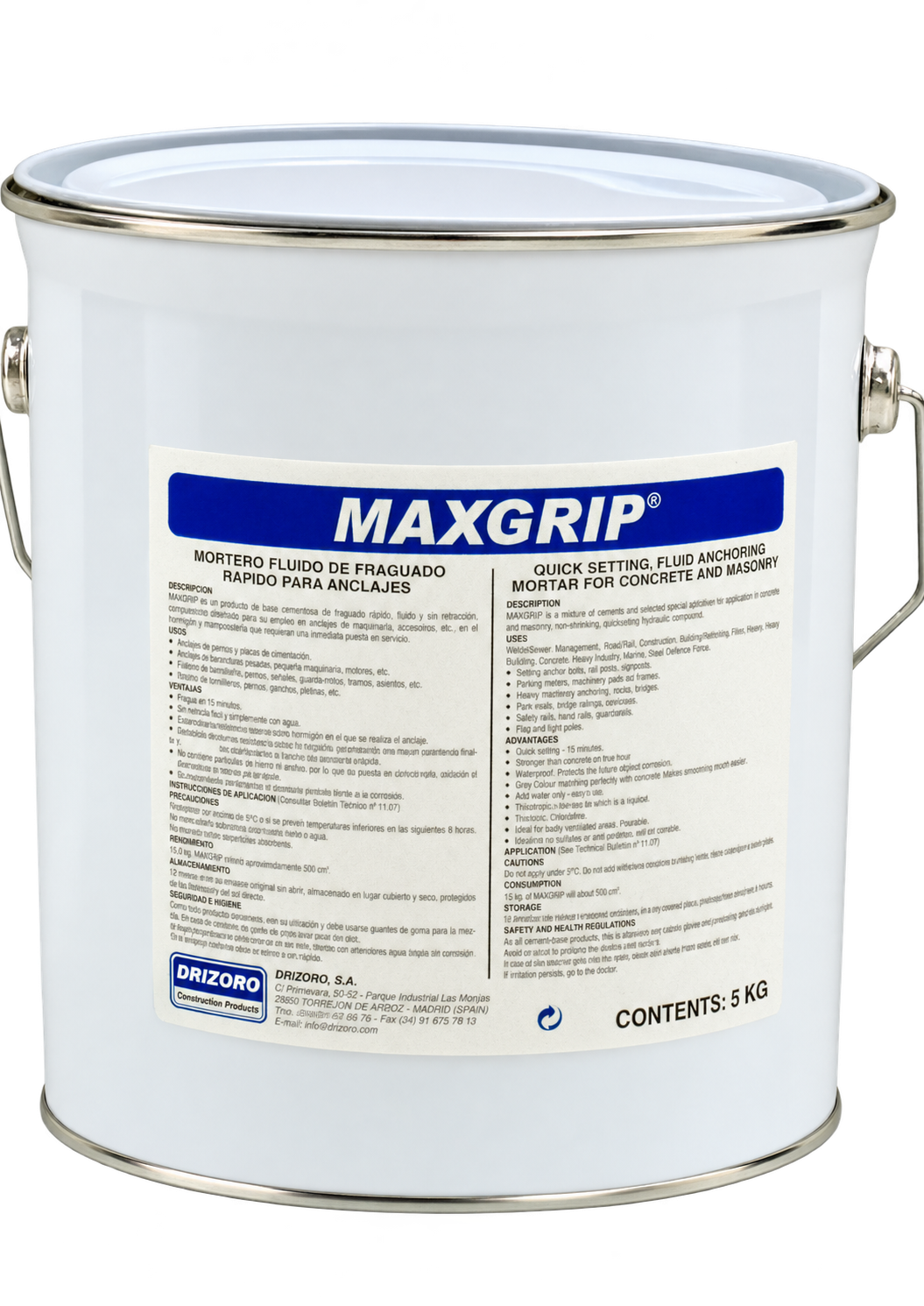 Drizoro MAXGRIP Rapid Anchoring Grout 5kg quick-setting fluid anchoring mortar for securing bolts, machinery, steel posts, and structural fixings in concrete and masonry.