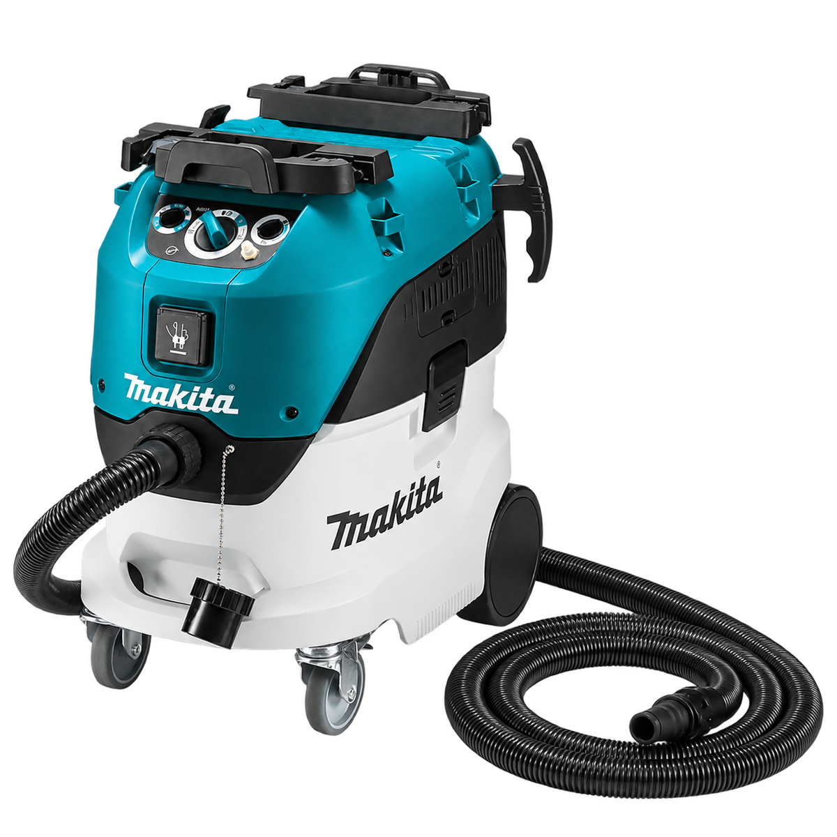 Makita VC4210L 1200W industrial wet and dry vacuum cleaner with automatic filter cleaning, dust extraction hose, and 42L capacity for construction and workshop applications.