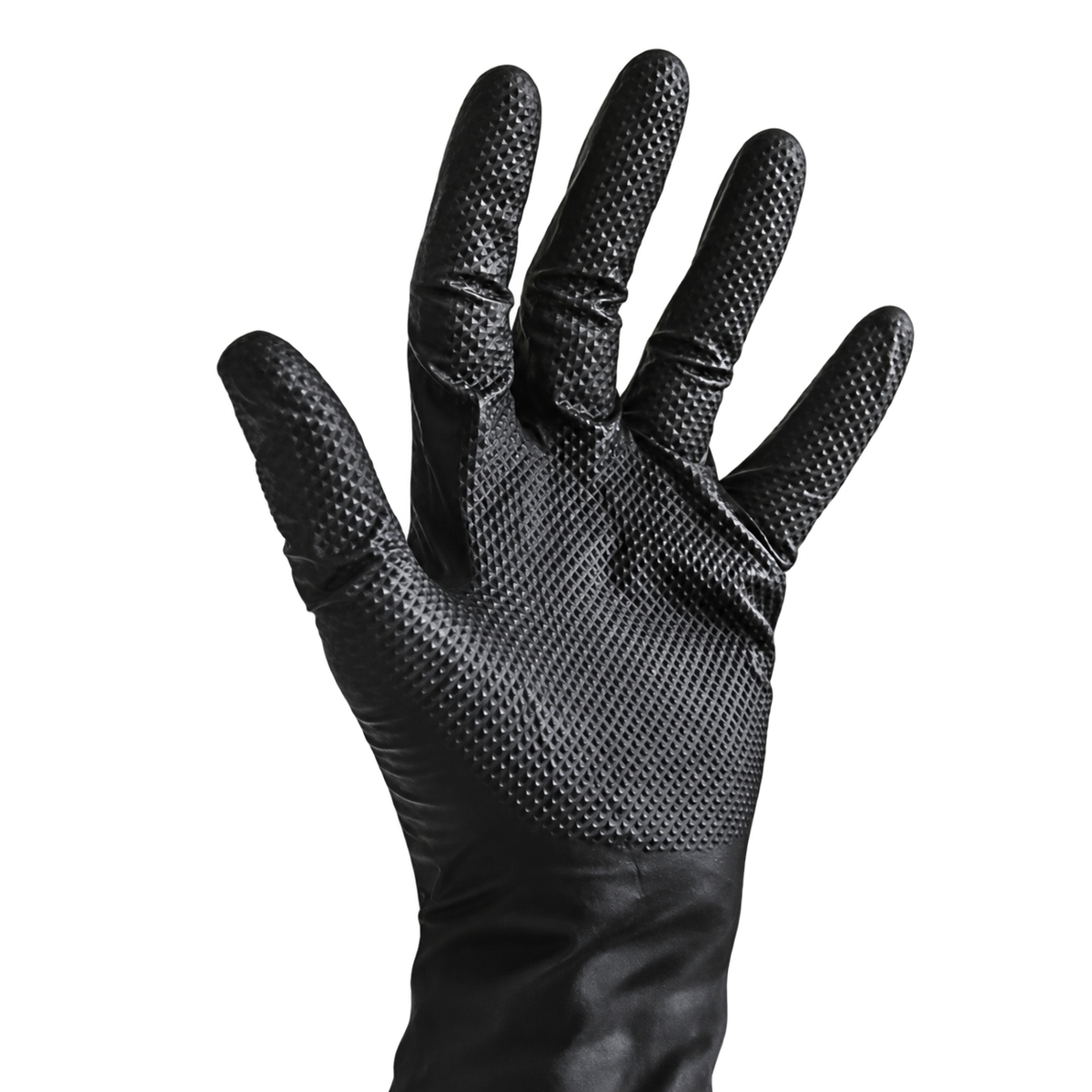 A single black nitrile glove with textured grip