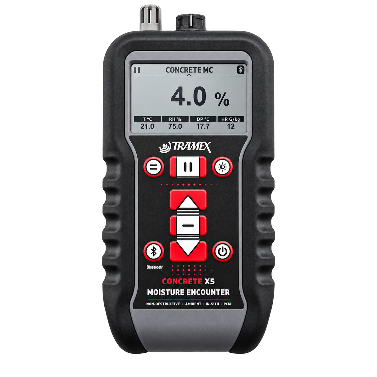 Tramex CMEX5 Concrete Multi Moisture Meter for non-destructive moisture testing of concrete floors, screeds, and building materials with digital moisture readings.