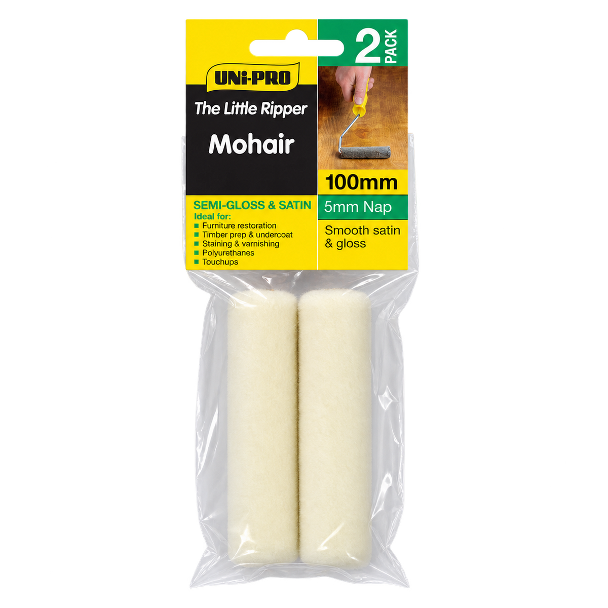 UNI PRO 100mm Mohair Mini Roller Covers 2 Pack with 5mm nap for smooth satin and gloss finishes, ideal for varnishes, polyurethanes, enamels, undercoats and furniture restoration.