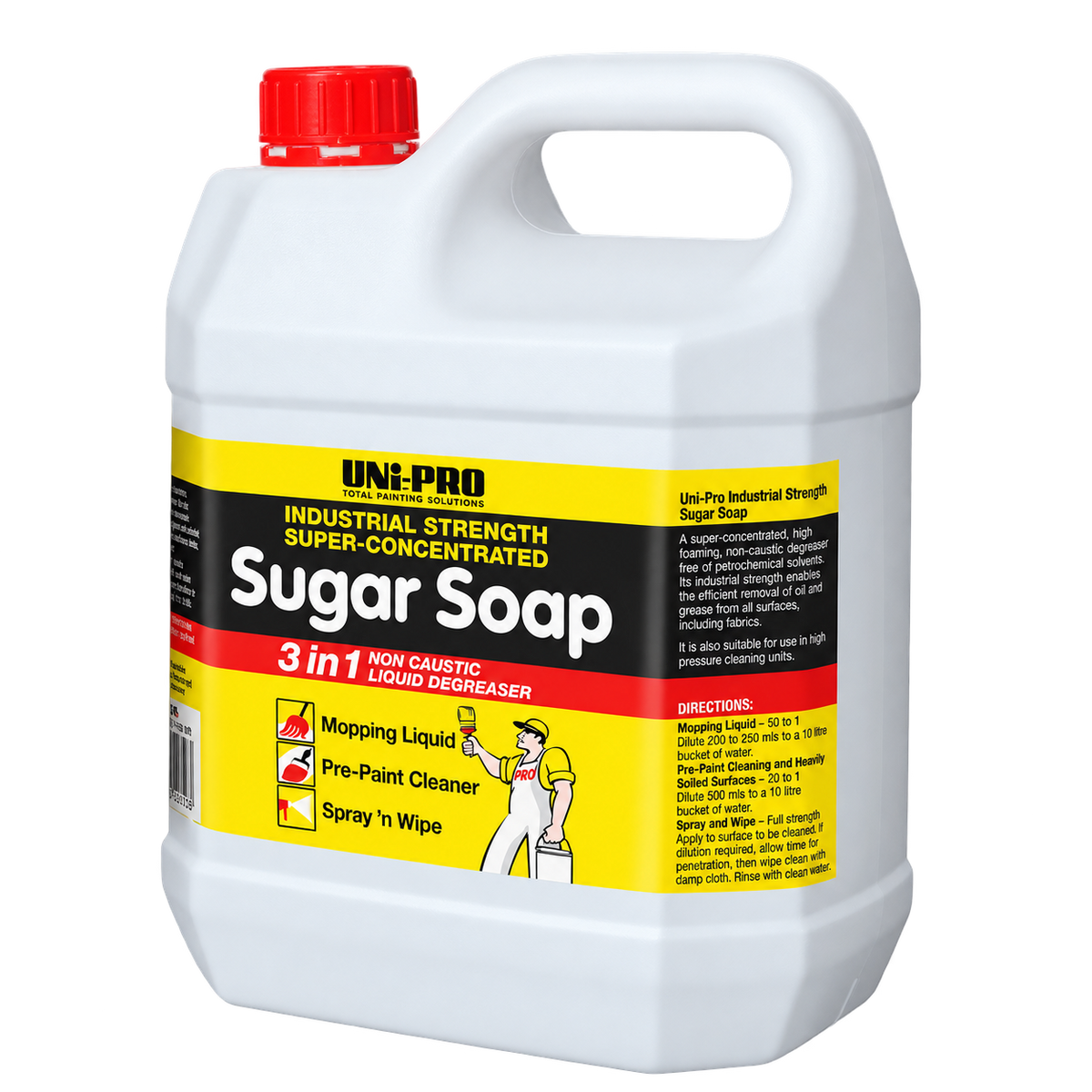 Uni-Pro 3 in 1 Sugar Soap 4L industrial strength cleaner for pre-paint surface preparation, degreasing, and general cleaning