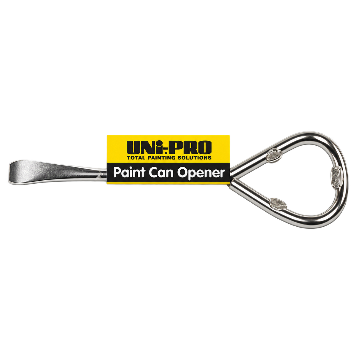 Uni-Pro paint can opener with a durable metal blade and bottle opener handle for easily opening paint cans without damaging the lid.